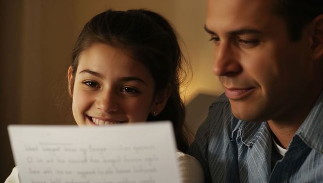 Father and daughter reading together by warm lamp light smiling and sharing paper document