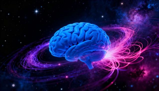 Floating neon brain orbiting magenta energy rings in cosmic nebula, conceptual neural network