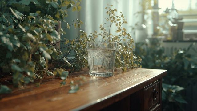 Tumbler of water on wooden sideboard with green foliage in sunlight