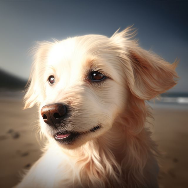 Golden Retriever with gleaming fur standing on a beach during sunset. The dog looks content, with a gentle smile, enjoying the serene environment. This image is perfect for use in pet products advertisements, dog-related blogs, and outdoor activity promotions.