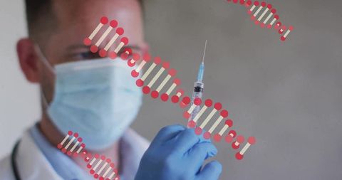 Masked physician preparing vaccine syringe with dna overlay for genomics and precision medicine