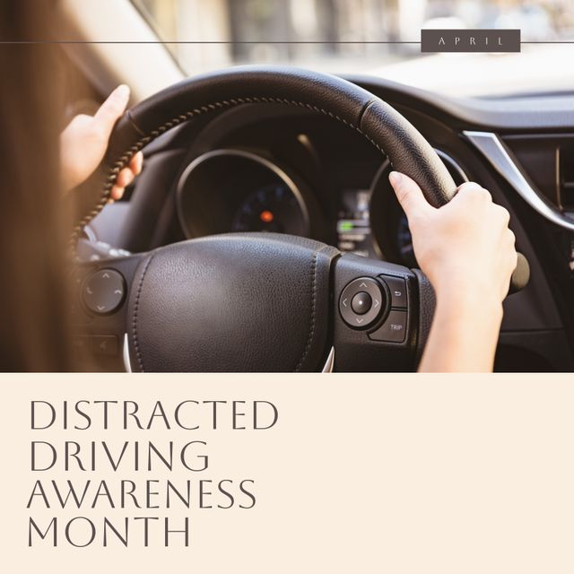 Composition of distracted driving awareness month text over caucasian woman driving car. Distracted driving awareness month and safety concept digitally generated image.