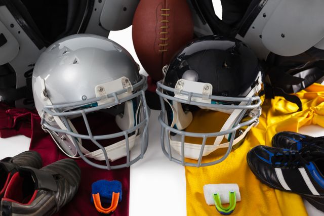 American Football Gear with Helmets and Ball on White Background - Download Free Stock Photos Pikwizard.com