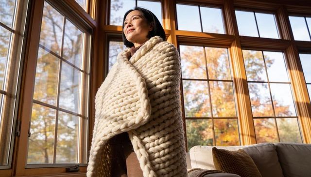 Woman wrapping in chunky cream blanket, gazing through sunlit window at autumn trees