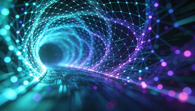 Glowing neon data tunnel flowing through futuristic wireframe network ai tech abstract