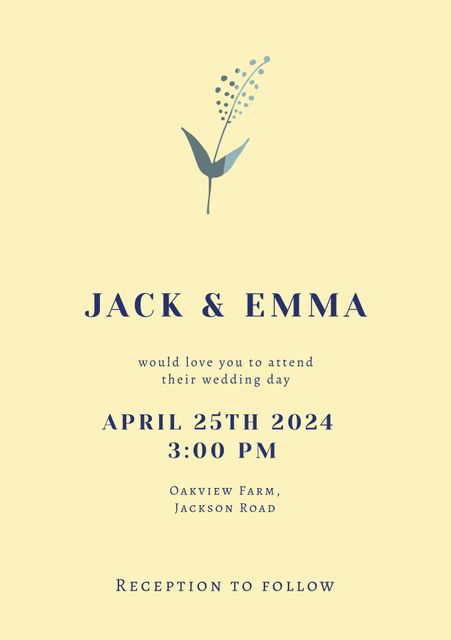 This sophisticated floral wedding invitation template features a minimalistic design with blue text on a beige background, suitable for formal events. Customizable and printable, it is perfect for announcing weddings, engagements, and other formal gatherings. The design includes details such as date, time, and venue. Ideal for those seeking an elegant and refined means to invite guests to their special occasion.