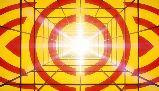 Radiant geometric tunnel with metal grid and red arcs receding toward bright flare