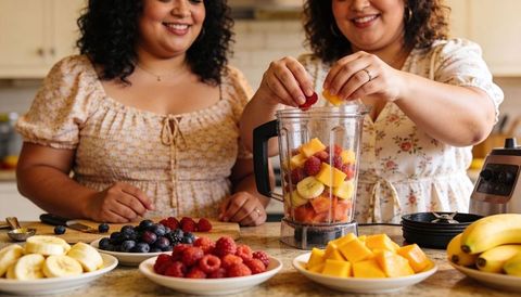 Hispanic women preparing colorful fruit smoothie together in cozy home kitchen using blender