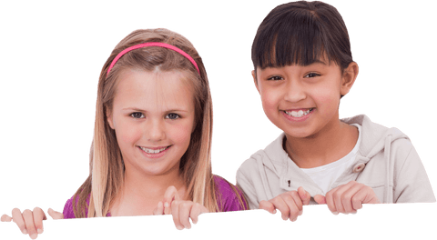 Smiling Children Holding Transparent Blank Card for Copy-Space