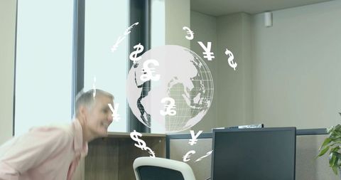 Businessman Exploring with Virtual Currency Globe and Symbols