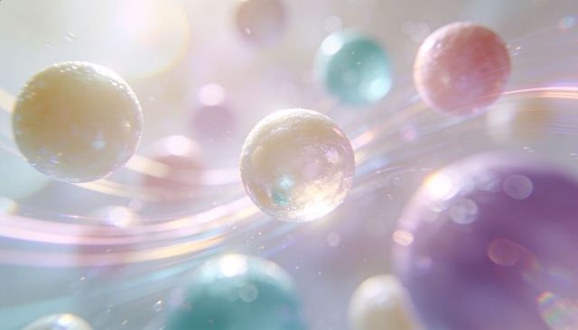Glowing pearlescent spheres floating amid pastel light ribbons and dreamy iridescent bokeh