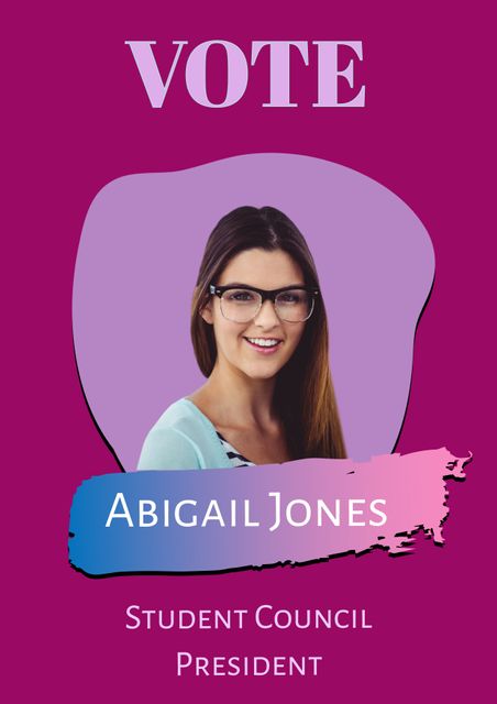 Promotional campaign poster featuring a young woman running for student council president. She is smiling confidently, wearing glasses, and dressed in casual attire. Could be used for educational institutions to inspire student participation, promote leadership, or enhance school election awareness.