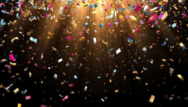 Vibrant Party Celebration: Falling Confetti in Golden Spotlight