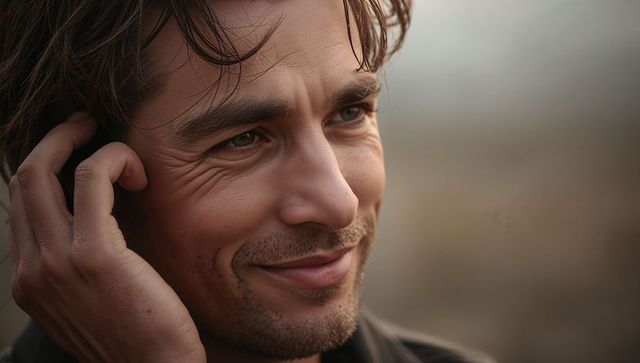 Smiling man touching hair in warm outdoor portrait showing stubble and textured skin