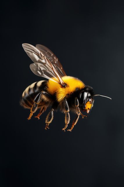 Close up of bee flying on black background, created using generative ai technology. Feeding, insects, nature, summer and wildlife concept digitally generated image.