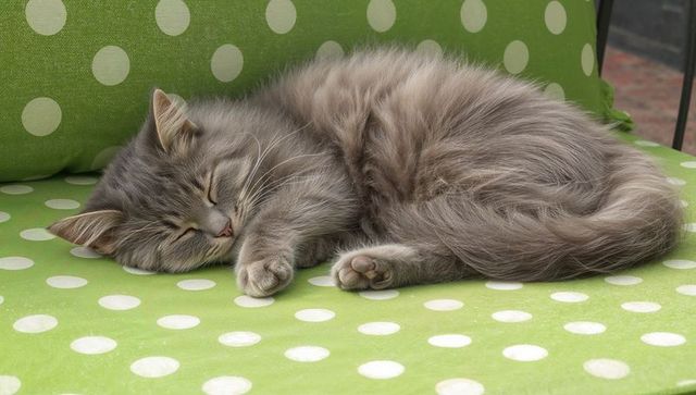 Sleeping fluffy long-haired grey cat curling on bright green polka dot cushion on patio