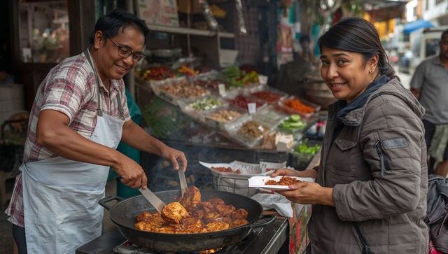 Street vendor cooking spicy fried chicken in wok, smiling customer receiving takeaway