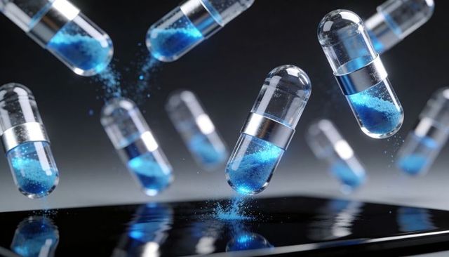 Floating Blue Powder Capsules Releasing Sparkling Granules Over Glossy Black Surface