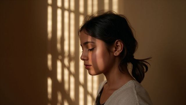 Sunlit portrait teen girl in knit cardigan, sunlight casting blind stripes across face