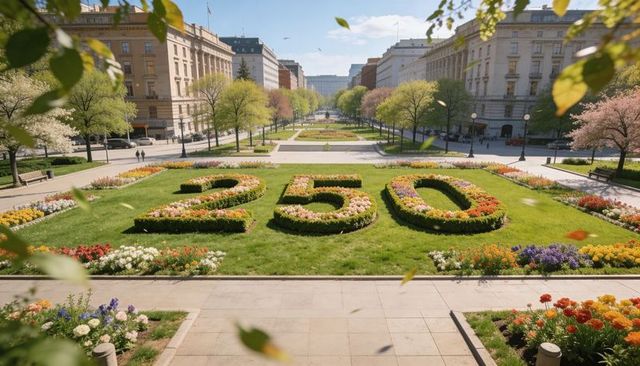 Spring urban park displaying floral numerals 250 on manicured central lawn, tree-lined avenue