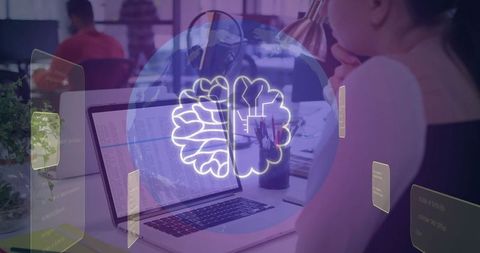 Businesswoman Analyzing Data with AI Overlay in Modern Office