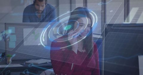 Agent interacting with holographic screen in modern office