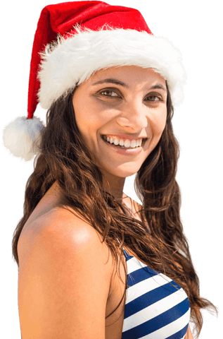 Smiling Woman in Santa Hat and Bikini on Transparent Background