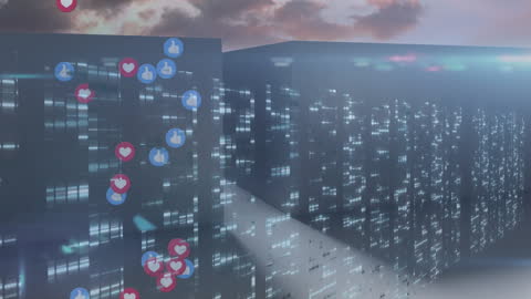 Floating Digital Interaction Icons Over Global Server Landscape