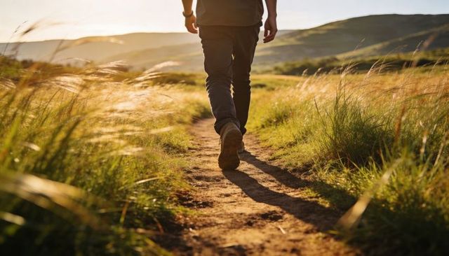 Golden hour hiker walking sunlit dirt trail through tall grass and rolling hills