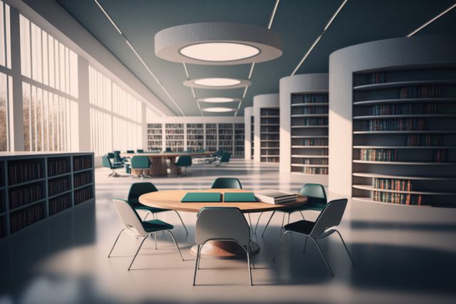 Interior of modern library with bookcases, table and windows created using generative ai technology. Library, reading and design concept digitally generated image.