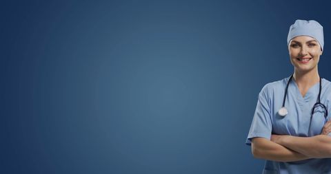 Professional Female Physician Against Blue Background with Copy Space