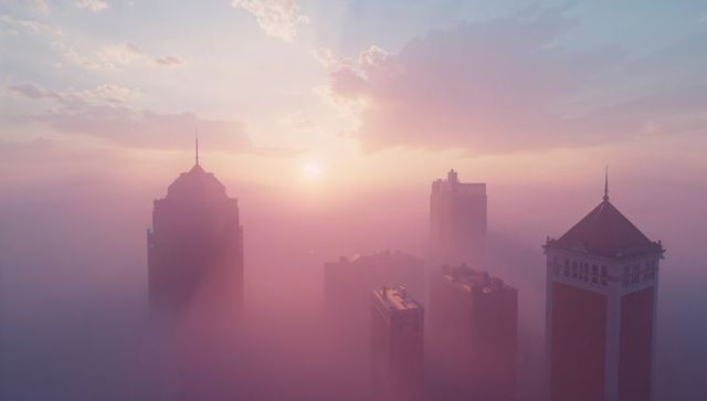 Skyline in Mystical Pink Fog with Sunrise
