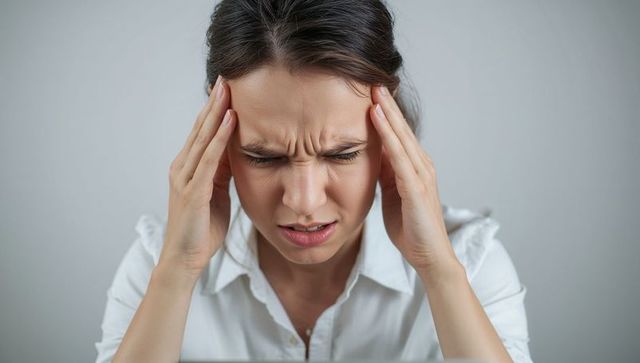 Young woman pressing temples grimacing from headache and stress, fatigue and tension