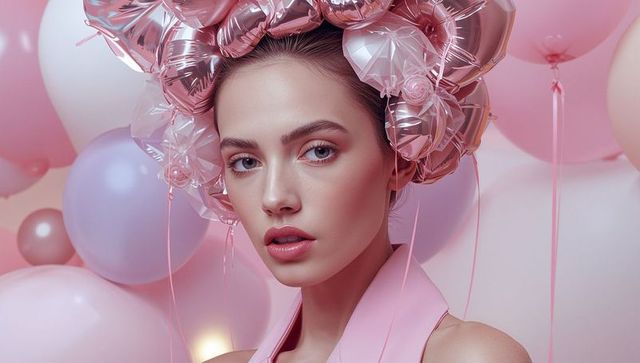 Artistic Woman with Balloon Headdress in Pastel Colors