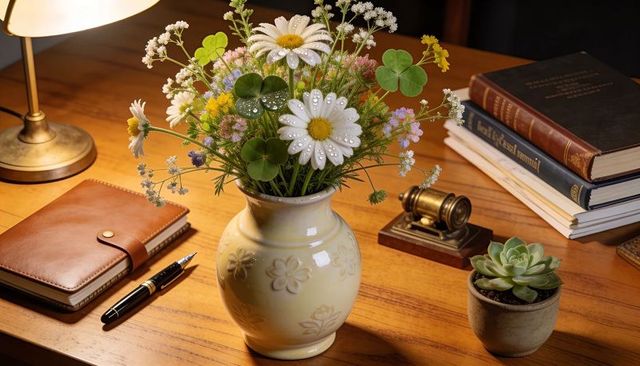 Cozy desk bouquet with dew-kissed daisies in cream ceramic vase beside leather journal
