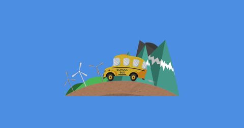School Bus Cartoon with Eco-Friendly Theme and Mountain Background