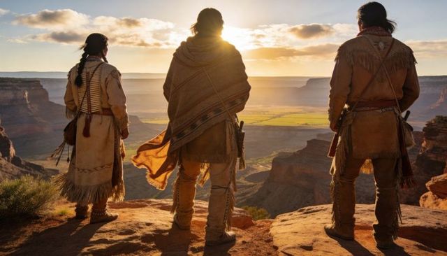 Sunlit indigenous trio in fringed buckskin overlooking canyon plateau vista at golden hour