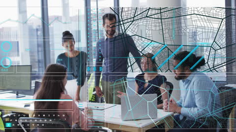 Diverse Team Engaging in Collaborative Office Meeting with Futuristic Interface