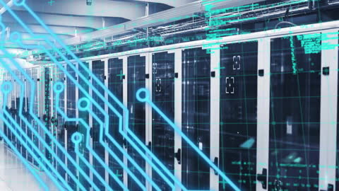Digital Circuit Overlay on Modern Server Room