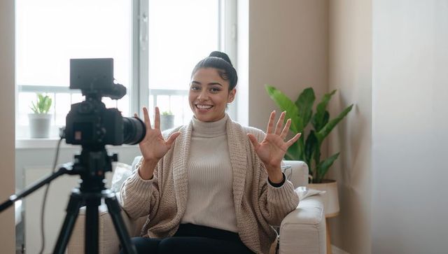 Smiling female vlogger recording at home holding hands up in cozy neutral living room