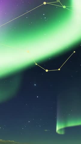 Vertical aurora video sweeping polar sky with green glow and constellation overlays