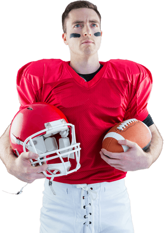 Confident Football Player in Red Jersey Holding Helmet and Ball Transparent Background