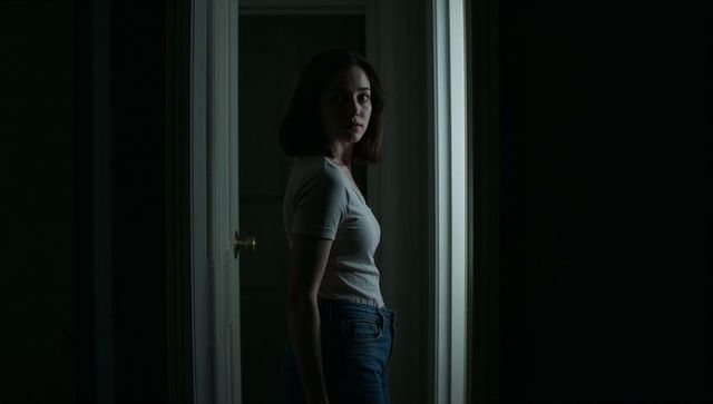 Moody doorway portrait woman standing turning wearing white tee and blue jeans silhouette