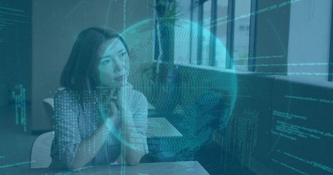 Contemplating Asian Businesswoman Analyzing Data Globe Overlay in Modern Office