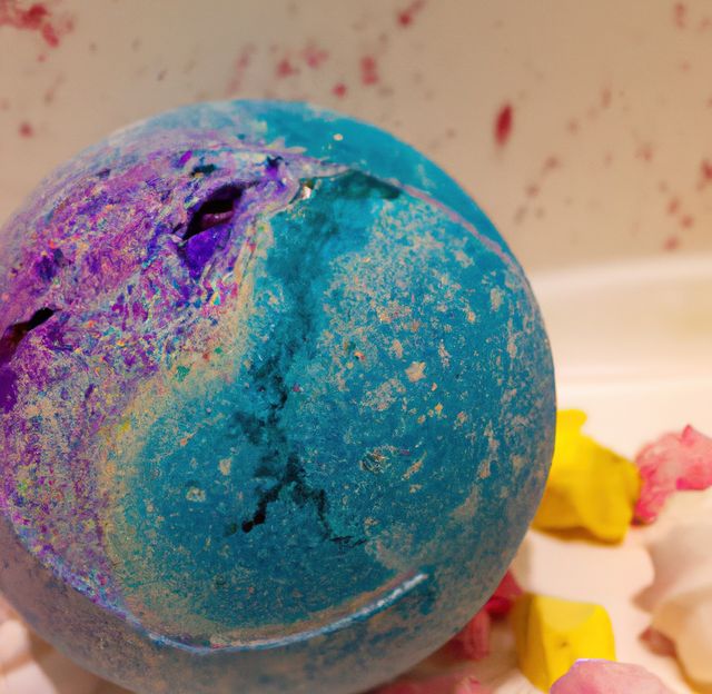 Vibrant bath bomb in shades of blue and purple, surrounded by yellow soap pieces and petals. Perfect for depicting personal care, relaxation, luxury bath products, and spa themes. Ideal for promoting products related to wellness, self-care, aromatherapy, and beauty.