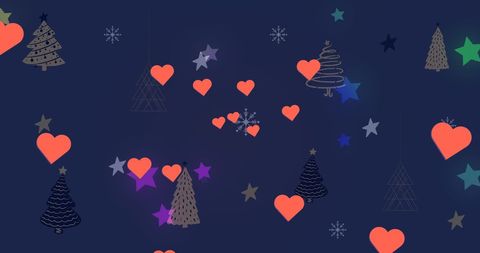 Floating Hearts and Christmas Trees on Blue Background