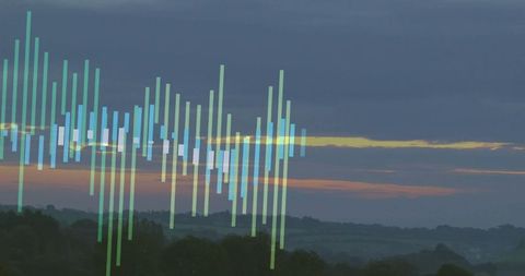 Illuminated Audio Waveform Over Serene Countryside Dusk
