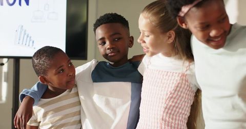 Elementary students linking arms in inclusive classroom during group presentation