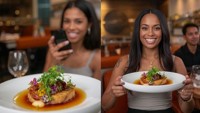 Smiling Woman Enjoys Elegant Gourmet Meal in Upscale Restaurant