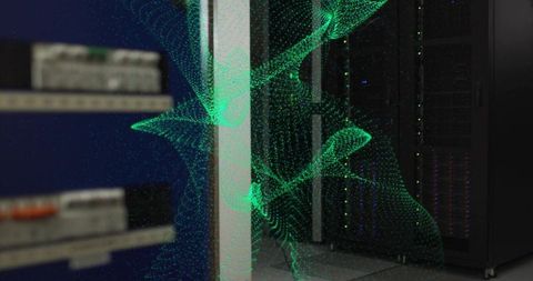 Streaming green point-cloud wave flowing through datacenter aisle for data visualization